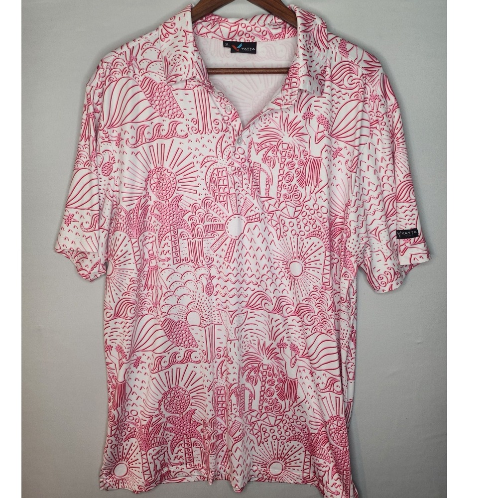 Yatta Golf Polo Men's Shaka Life Hawaiian‎ Aloha Sun Pink Red Stretch Polo XL - Picture 2 of 8